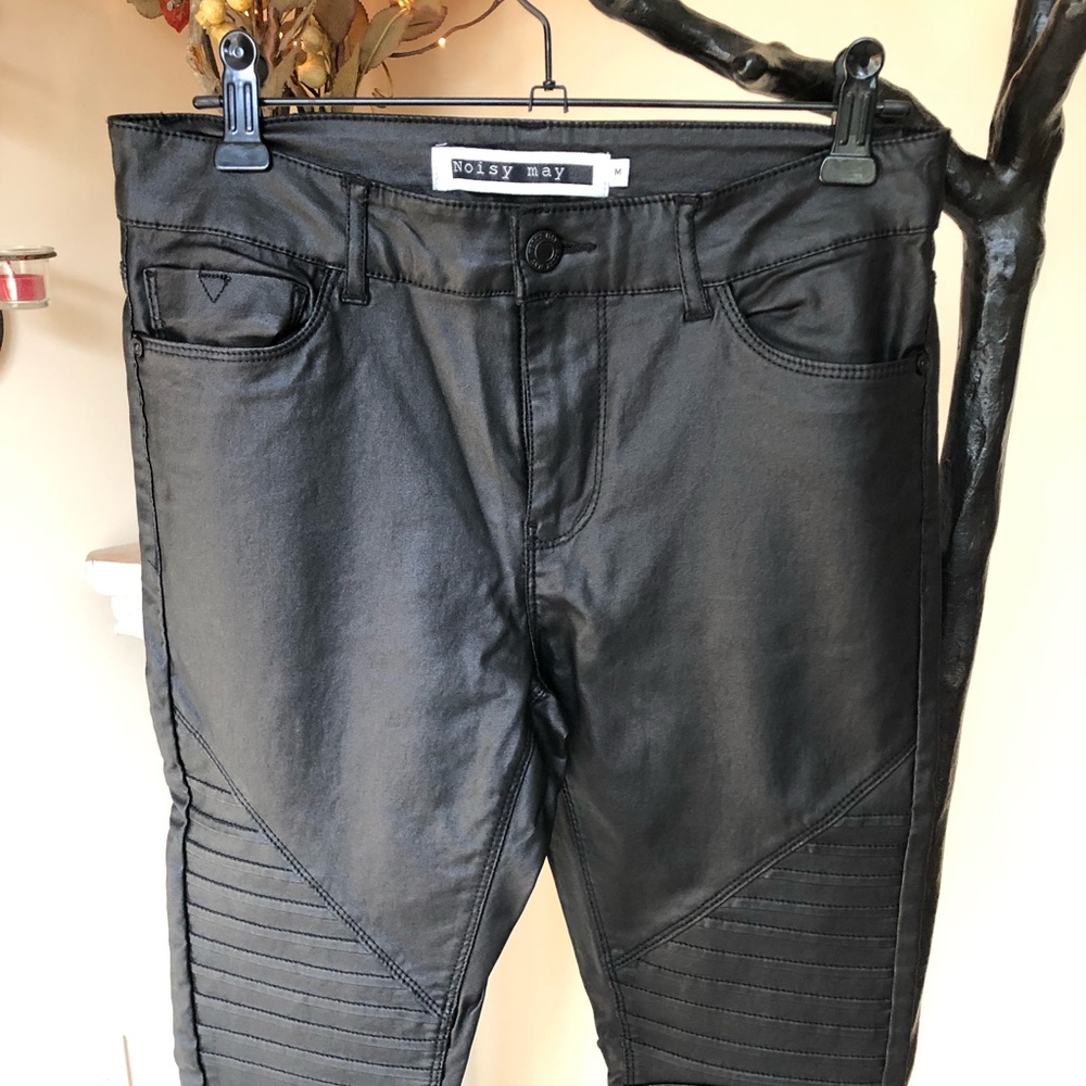 Noisy May Black coated stretch pants skinny fit slim leg faux leather moto